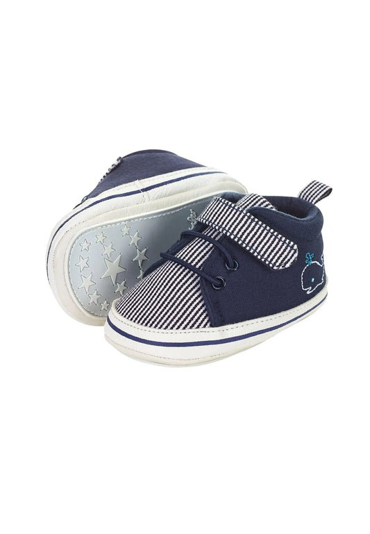 Babyschuh Marine aus Materialmix mit Stickerei Wal