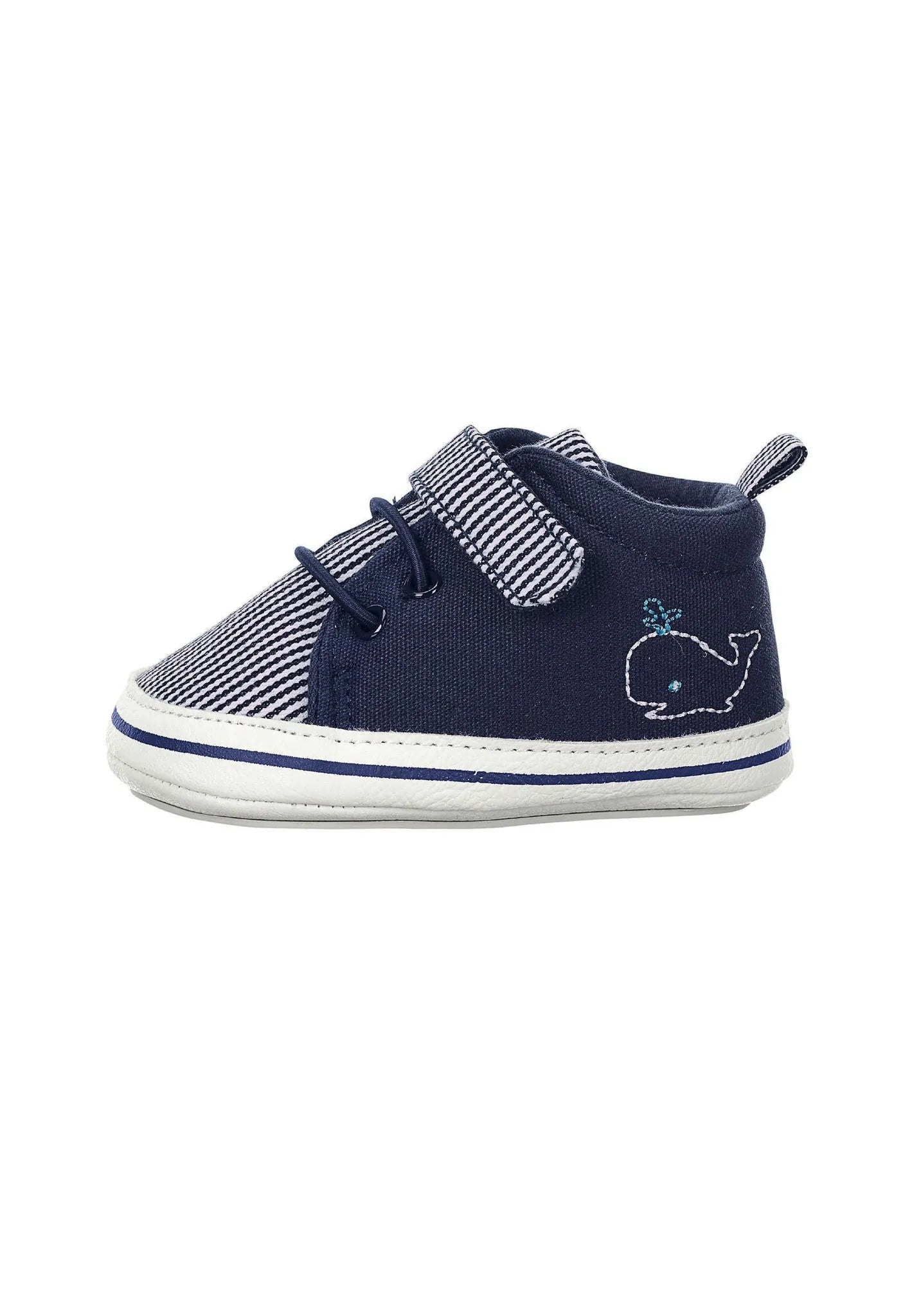 Babyschuh Marine aus Materialmix mit Stickerei Wal